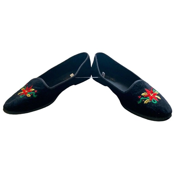 𝅺VINTAGE Tinsel Toes Black Velvet Poinsettia Embroidered Flats 8.5 - Picture 3 of 9